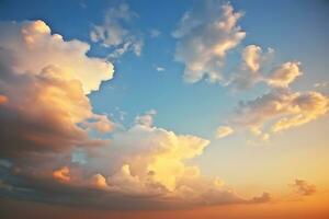 ai gerado a lindo pôr do sol Visão com a azul céu e nuvens dentro verão foto