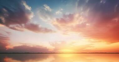 ai gerado lindo pôr do sol sobre mar com reflexão dentro água, colorida nuvens dentro a céu foto