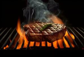ai gerado churrasco seco envelhecido wagyu porterhouse carne bife grelhado Como fechar-se em uma carvão grade com fogo e fumaça foto