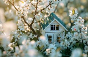 ai gerado uma pequeno casa casa descansos em uma florescendo árvore foto