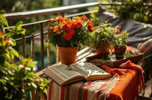 ai gerado dois livros, uma cobertor, dois plantas e flores em uma mesa em uma sacada foto