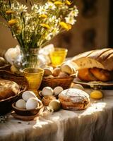 ai gerado uma mesa com pão e dois cestas preenchidas com ovos e flores foto