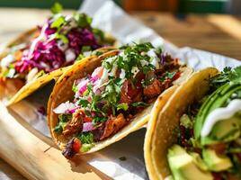 ai gerado três tacos estão servido em uma branco mesa foto