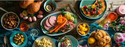 ai gerado uma mesa do Páscoa comida, Incluindo presunto, panquecas foto