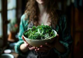 ai gerado uma mulher segurando uma salada tigela este tem brotos e couve, foto