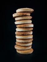 lindo volta biscoitos em uma Preto fundo. uma poucos biscoitos. bolacha torre. foto