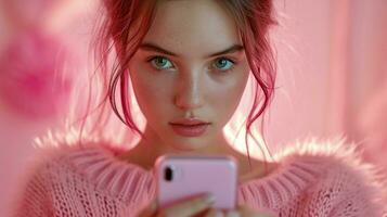 ai gerado menina com Rosa cabelo dentro Rosa fofo suéter com verde olhos segurando Rosa telefone dentro dela mãos foto