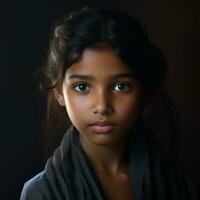 ai gerado retrato do uma jovem indiano mulher dentro Sombrio roupas em uma Sombrio fundo foto