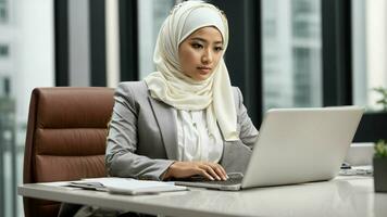 ai gerado fortalecimento dentro elegância capturar a essência do uma poderoso ásia empresária dentro hijab, sentado às uma imaculado branco mesa, absorta dentro dela trabalhos com uma moderno computador portátil foto