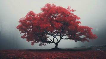ai gerado enevoado panorama com vermelho bordo árvore. generativo ai foto
