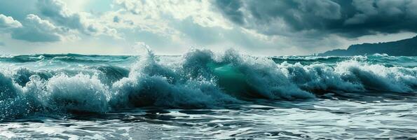 ai gerado tormentoso mar com espirrando ondas. panorâmico visualizar. foto