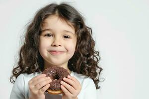 ai gerado fofa pequeno menina comendo uma chocolate rosquinha em uma branco fundo. foto