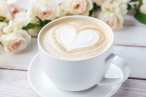 ai gerado fechar acima do uma café copo com uma coração em forma café com leite arte. foto