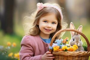 ai gerado uma fofa pequeno menina com uma coelhinho. foto