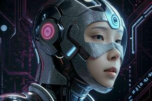 ai gerado cyborg mulher. artificial inteligência moderno tecnologia fundo. pró foto