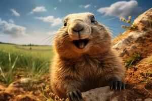 ai gerado marmota marmota com feliz expressão dentro a Campos foto