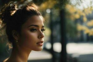 ai gerado deslumbrante lindo jovem mulher com Alto contraste sombra e elegante estilo foto