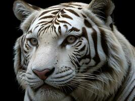 ai gerado fechar-se detalhe do branco tigre, isolado em Sombrio fundo foto