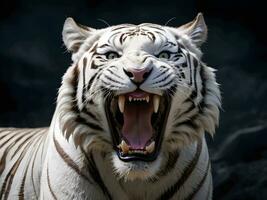 ai gerado fechar-se do uma feroz branco tigre rugindo contra uma Preto fundo foto