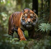 ai gerado fechar-se detalhado foto do uma sumatra tigre dentro a floresta arbusto