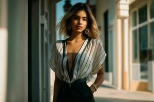 ai gerado deslumbrante lindo jovem mulher com Alto contraste sombra e elegante estilo foto