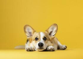 ai gerado bandeira com uma engraçado corgi cachorro cachorro sentado em uma amarelo fundo olhando às Câmera foto