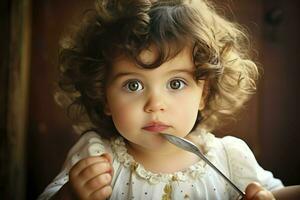 ai gerado bebê menina comendo mistura amassado comida, mão com colher para vegetal almoço, bebê desmame. foto