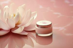 ai gerado Rosa creme garrafa com beleza produtos lótus flor e folhas em Rosa fundo. natural orgânico pele Cuidado. foto