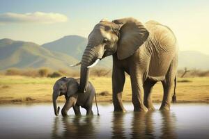 ai gerado fechar-se retrato elefante e criança elefante dentro água em azul céu fundo olhando baixa foto