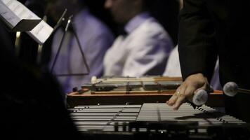 fechar acima do a músico jogando em xilofone. xilofone, música e cromático instrumento conceito - fechar-se em de madeira bares com quatro marretas dentro humano mãos, artista dentro Preto vestir, glockenspiel foto