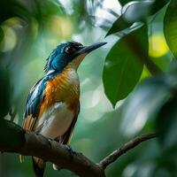 ai gerado fotografia do uma lindo colorida pássaro dentro a Amazonas floresta tropical dentro Brasil foto