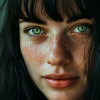 ai gerado uma lindo mulher com verde olhos e Preto cabelo dentro fechar-se foto