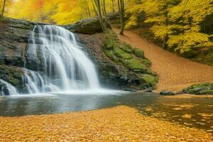 ai gerado cascata dentro outono floresta panorama fundo. pró foto