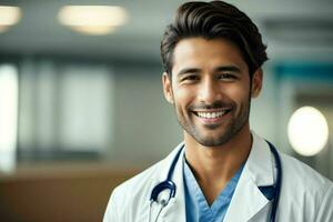 ai gerado sorridente jovem masculino médico dentro uma branco casaco, uma estetoscópio às uma hospital. pró foto