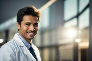 ai gerado sorridente jovem masculino médico dentro uma branco casaco, uma estetoscópio às uma hospital. pró foto