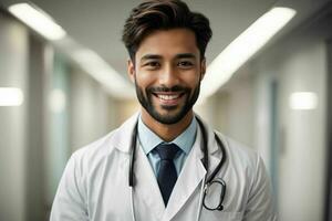 ai gerado sorridente jovem masculino médico dentro uma branco casaco, uma estetoscópio às uma hospital. pró foto