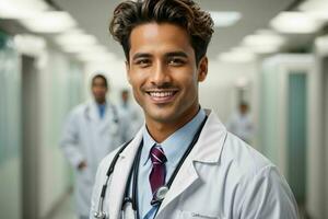 ai gerado sorridente jovem masculino médico dentro uma branco casaco, uma estetoscópio às uma hospital. pró foto