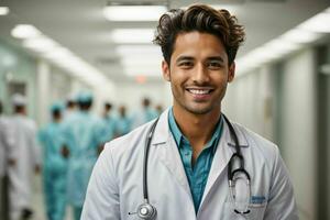 ai gerado sorridente jovem masculino médico dentro uma branco casaco, uma estetoscópio às uma hospital. pró foto