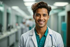 ai gerado sorridente jovem masculino médico dentro uma branco casaco, uma estetoscópio às uma hospital. pró foto