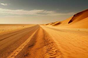 ai gerado areia deserto estrada caminho panorama com céu. pró foto