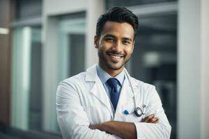 ai gerado sorridente jovem masculino médico dentro uma branco casaco, uma estetoscópio às uma hospital. pró foto