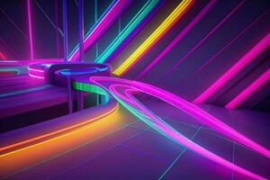 ai gerado 3d Renderização animação abstrato brilhando linhas vibrante néon luzes fundo. pró foto