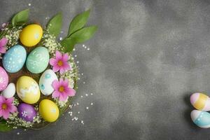 ai gerado Páscoa ovo dia conceito fundo com cópia de espaço Primavera folhas e flores pró foto