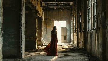 ai gerado tiro do uma mulher caminhando através a abandonado industrial espaço foto
