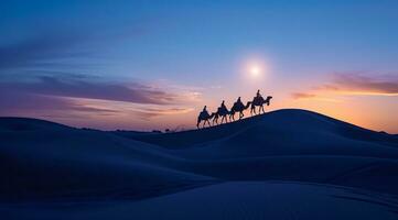 ai gerado caravana viajando sobre dunas dentro a deserto foto