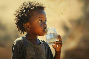ai gerado retrato criança do África beber água a partir de caneca , fechar-se. seca, falta do água problema foto