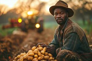 ai gerado masculino agricultor com colhido batatas foto