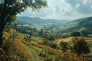 ai gerado lindo rural panorama com prados e matas foto