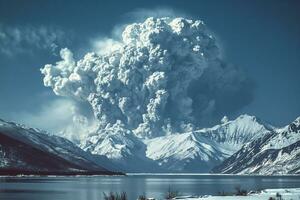 ai gerado distante vulcânico erupção com Nevado ártico panorama foto