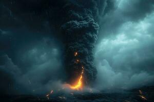 ai gerado noite vulcânico erupção com uma coluna do fumaça, lava fluxos e cinza queda a partir de a céu foto